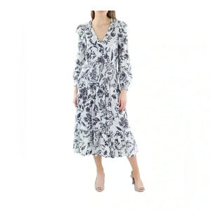 Aqua Women's Linen Blend Smocked Long Sleeve Midi Dress Flower Print Blue Sz XS